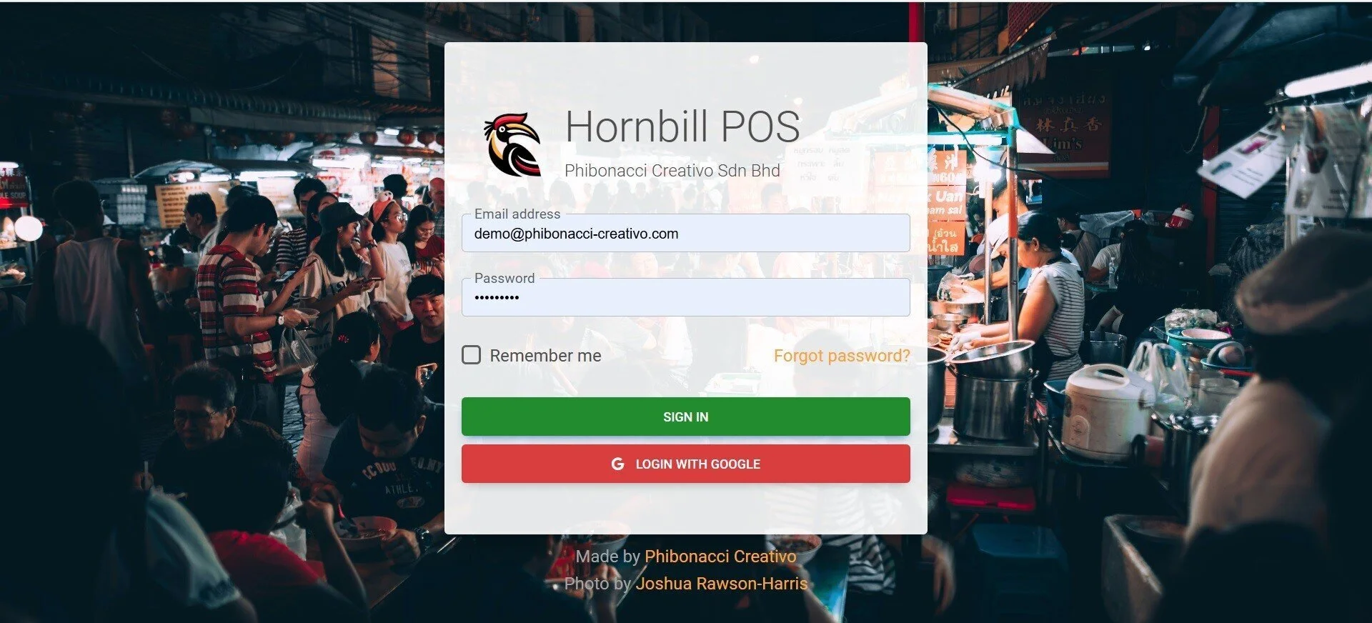 Hornbill POS login screen screenshot